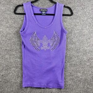 Get Lucky Tank Top Womens Large Purple Rhinestone Wings Fleur De Lis Graphic